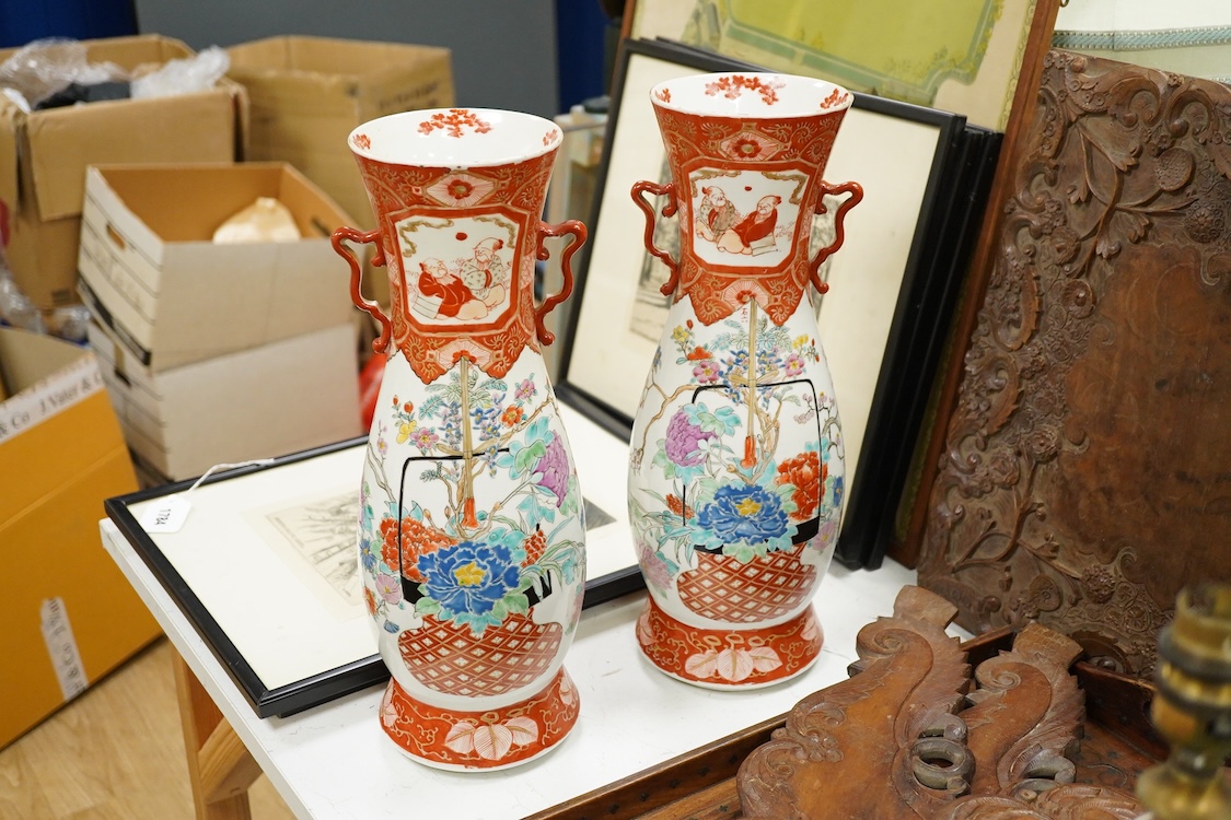 A pair of tall Japanese two handled Kutani style vases, c.1900, 41cm high